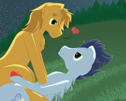 Size: 2500x2000 | Tagged: safe, artist:midnight groove, braeburn, soarin', backwards cutie mark, chest fluff, gay, grass, heart, male, shipping, soarburn