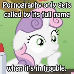 Size: 500x500 | Tagged: safe, sweetie belle, pony, unicorn, exploitable meme, female, filly, floppy ears, frown, horn, image macro, meme, porn, solo, sudden clarity sweetie belle, text, two toned mane, white coat, wide eyes