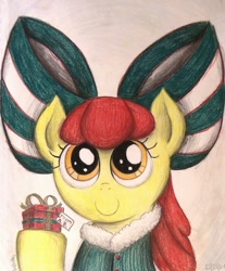 Size: 814x982 | Tagged: safe, artist:thefriendlyelephant, apple bloom, adorabloom, christmas, clothes, cute, present, solo, traditional art