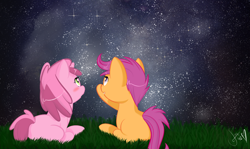 Size: 1280x764 | Tagged: safe, artist:tentacuddles, ruby pinch, scootaloo, ask, ask pinchy, night, stargazing, stars, tumblr