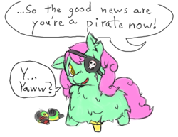 Size: 568x438 | Tagged: safe, artist:squeakyfriend, fluffy pony, parrot, amputee, cute, eyepatch, hugbox, looking at you, open mouth, peg leg, prosthetic leg, prosthetic limb, prosthetics, scar, smiling, solo, you are a pirate