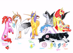 Size: 7014x5100 | Tagged: safe, artist:dawn22eagle, oc, oc only, oc:albireo, oc:liquorice, oc:mistral, oc:prince albireo, oc:strawberry icecream, oc:swan, oc:typhoon, hybrid, absurd resolution, interspecies offspring, next generation, offspring, parent:applejack, parent:caramel, parent:cheese sandwich, parent:discord, parent:fancypants, parent:flash sentry, parent:fluttershy, parent:pinkie pie, parent:rainbow dash, parent:rarity, parent:soarin', parent:twilight sparkle, parents:carajack, parents:cheesepie, parents:discoshy, parents:flashlight, parents:raripants, parents:soarindash, traditional art