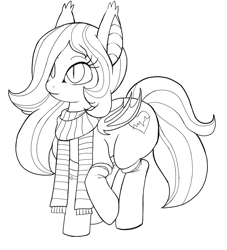 Size: 1113x1227 | Tagged: artist needed, safe, oc, oc only, oc:arrhythmia, bat pony, pony, clothes, monochrome, scarf, solo