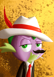 Size: 2480x3508 | Tagged: safe, artist:corina93, spike, dragon, clothes, hat, moustache, solo, suit