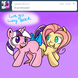 Size: 647x650 | Tagged: safe, artist:lustrous-dreams, posey, twilight, earth pony, pony, unicorn, g1, ask, ask original twilight, bow, butt bump, butt to butt, butt touch, dialogue, duo, looking at each other, open mouth, smiling, tail bow, tumblr