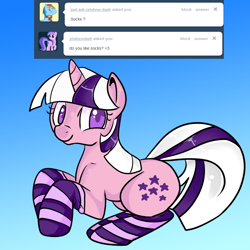 Size: 850x850 | Tagged: safe, artist:lustrous-dreams, twilight, g1, ask, ask original twilight, clothes, socks, solo, striped socks, tumblr