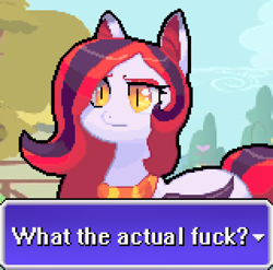 Size: 640x632 | Tagged: artist needed, source needed, safe, oc, oc only, oc:arrhythmia, bat pony, pony, :, confused, mockup, pixel art, ponyville, raised eyebrow, reaction image, solo, sprite, vulgar, wtf