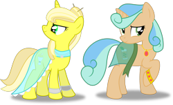 Size: 4943x3000 | Tagged: safe, artist:ruinedomega, oc, oc only, oc:lemon sherbet, oc:mint julep, pony, unicorn, bracelet, clothes, dress, jewelry, looking back, raised hoof, see-through, simple background, smiling, smirk, transparent background