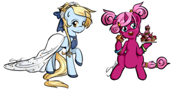 Size: 796x420 | Tagged: safe, artist:secret-pony, oc, oc only, oc:fancy, oc:think pink, bow, cake, clothes, dress