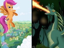 Size: 1024x768 | Tagged: safe, artist:musapan, reginald, scootaloo, dragon, danger, determination, determined, everfree forest, fanfic art, ponyville