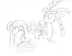 Size: 500x387 | Tagged: safe, artist:pippy, discord, oc, oc:marble, monochrome, sandwich, tea, teacup