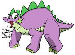 Size: 745x550 | Tagged: safe, artist:varemia, spike, dinosaur, dragon, crossover, dinosaurified, don bluth, namesake, open mouth, pun, solo, spike (land before time), stegosaurus, the land before time