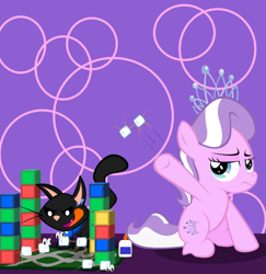 Size: 800x824 | Tagged: safe, artist:magerblutooth, diamond tiara, oc, oc:dazzle, cat, blocks, fun, marshmallow, spoiled, toothpick, toy