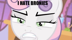 Size: 960x539 | Tagged: safe, sweetie belle, unicorn, angry, brony, edgy, faic, filly, hate, image macro, irony, meme