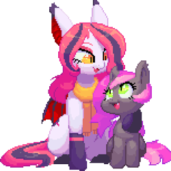 Size: 459x459 | Tagged: artist needed, source needed, safe, oc, oc only, oc:arrhythmia, oc:heartbeat, bat pony, pony, clothes, pixel art, scarf, simple background, socks, transparent background