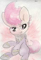 Size: 684x993 | Tagged: safe, artist:slightlyshade, scootaloo, clothes, hoodie, shadowbolts costume, solo, traditional art