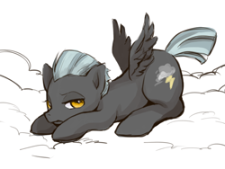 Size: 640x480 | Tagged: safe, artist:wan, thunderlane, pegasus, pony, cloud, grumpy, looking at you, male, on a cloud, prone, solo, stallion