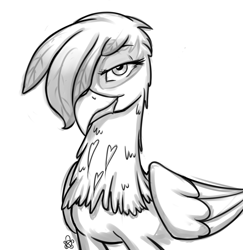 Size: 900x927 | Tagged: safe, artist:discrete turtle, derpibooru import, griffon, hair over one eye, monochrome