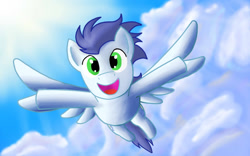 Size: 1024x640 | Tagged: safe, artist:datfriskypickle, soarin', cloud, cloudy, flying, flying at you, happy, looking at you, sky