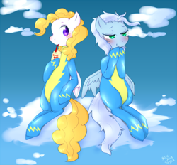 Size: 700x649 | Tagged: safe, artist:divided-s, fleetfoot, surprise, cloud, cloudy, drinking, pixiv, wonderbolts uniform