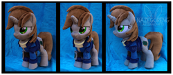 Size: 4004x1753 | Tagged: safe, artist:nazegoreng, oc, oc only, oc:littlepip, pony, unicorn, fallout equestria, clothes, fanfic, female, irl, mare, photo, pipbuck, plushie, solo, vault suit