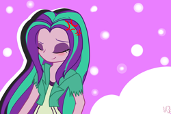 Size: 4500x3000 | Tagged: safe, artist:sugarrush015, aria blaze, equestria girls, alternate hairstyle, blushing, eyes closed, loose hair, smiling, solo