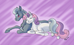 Size: 1124x684 | Tagged: safe, artist:carnivorouscaribou, silver spoon, sweetie belle, blushing, eyes closed, implied shipping, older, older silver spoon, older sweetie belle, prone, smiling, snuggling