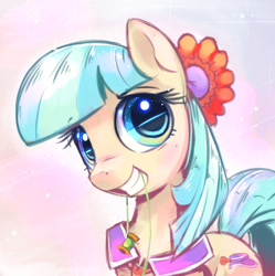 Size: 896x900 | Tagged: safe, artist:gsphere, coco pommel, earth pony, pony, bust, cocobetes, cute, featured on derpibooru, female, grin, looking at you, mare, mouth hold, portrait, smiling, solo, squee, thread