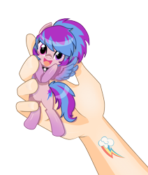 Size: 930x1097 | Tagged: safe, artist:airin_reika, oc, oc only, oc:shiny dawn, human, pegasus, pony, choker, cute, hand, happy, holding a pony, in goliath's palm, little, looking at you, open mouth, small, smiling, tattoo, tiny, tiny ponies
