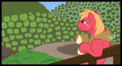 Size: 1480x810 | Tagged: safe, artist:stormblaze-pegasus, big macintosh, pony, bipedal, cider, fence, hoof hold, solo, sweet apple acres