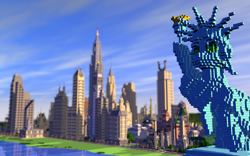 Size: 2560x1600 | Tagged: safe, brohoof.com, city, game screencap, manehattan, minecraft, render, skyscraper, statue, statue of friendship