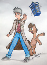 Size: 576x800 | Tagged: safe, doctor whooves, human, doctor who, human ponidox, humanized, tardis, traditional art