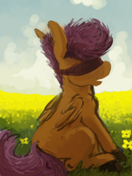 Size: 600x800 | Tagged: safe, artist:celestiawept, scootaloo, pegasus, pony, blank flank, blindfold, flower field, folded wings, grass field, open mouth, profile, sitting, solo