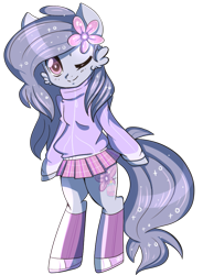 Size: 687x934 | Tagged: safe, artist:suzuii, oc, oc only, pony, semi-anthro, bipedal, clothes, solo, sweater, wink