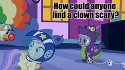 Size: 959x540 | Tagged: safe, screencap, alula, mayor mare, spike, dragon, pegasus, pony, clothes, clown, costume, cute, dragon costume, female, filly, helmet, image macro, meme, nightmare night, space helmet, unsettling clown thread