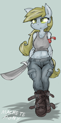 Size: 960x1920 | Tagged: safe, artist:macheteponies, oc, oc only, oc:hatcher, anthro, anthro oc, belly button, machete, midriff, solo, straps