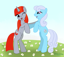 Size: 1515x1357 | Tagged: safe, artist:grapetonic, linky, magnet bolt, shoeshine, pony, bipedal, cute, duo, flower, laughing, smiling, wink