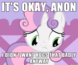 Size: 610x516 | Tagged: safe, sweetie belle, blatant lies, bronybait, cute, diasweetes, frown, image macro, looking down, meme, sad, solo