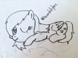 Size: 342x256 | Tagged: safe, artist:dassboshit, artist:karmakstylez, pegasus, pony, cloud, drawing, looking at you, monochrome, original art, prone, smiling, solo, traditional art, wink