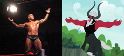 Size: 1000x450 | Tagged: safe, lord tirek, centaur, comparison, exploitable meme, horns, lord tirek's outstretched arms, male, meme, nose ring, open mouth, pose, randy orton, solo, text, tree, wwe