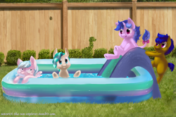 Size: 992x659 | Tagged: safe, artist:christmaslolly, sea swirl, seafoam, oc, classical unicorn, female, filly, leonine tail, seaswirl the sea explorer, swimming pool, tumblr, younger