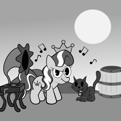 Size: 1635x1635 | Tagged: safe, artist:magerblutooth, diamond tiara, oc, oc:dazzle, cat, black and white, grayscale, music notes, music player, sun