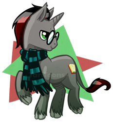 Size: 834x900 | Tagged: safe, artist:taritoons, oc, oc only, oc:wright german, classical unicorn, pony, unicorn, bedroom eyes, clothes, cloven hooves, commission, glasses, leonine tail, looking back, raised hoof, raised leg, scarf, simple background, smiling, solo, transparent background