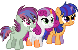 Size: 684x441 | Tagged: safe, artist:archerinblue, pegasus, pony, unicorn, magical lesbian spawn, offspring, parent:flash sentry, parent:rainbow dash, parent:scootaloo, parent:sweetie belle, parent:twilight sparkle, parents:flashlight, parents:scootabelle, parents:scootadash, simple background, transparent background, trio