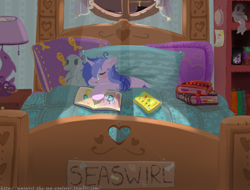 Size: 936x712 | Tagged: safe, artist:christmaslolly, sea swirl, seafoam, bed, book, filly, seaswirl the sea explorer, sleeping, solo, the rainbow fish, tumblr, younger
