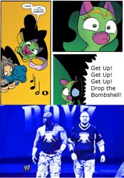 Size: 775x1115 | Tagged: safe, cheerilee, cloverleaf, spoiler:comic, spoiler:comic29, brothers, bubba ray dudley, d-von dudley, dudley boyz, somepony is going through a table, surprise entrance meme, wwe