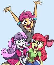 Size: 916x1100 | Tagged: safe, artist:lunchie, artist:varemia, apple bloom, scootaloo, sweetie belle, equestria girls, rainbow rocks, cheering, colored, cutie mark crusaders, open mouth, smiling, trace