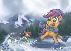 Size: 1200x857 | Tagged: safe, artist:flavinbagel, apple bloom, scootaloo, sweetie belle, adorabloom, clothes, cute, cutealoo, cutie mark crusaders, diasweetes, earmuffs, faceplant, hat, mountain, running, scarf, snow, sweater, sweetie fail, winter