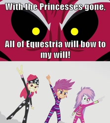 Size: 500x561 | Tagged: safe, apple bloom, lord tirek, scootaloo, sweetie belle, equestria girls, rainbow rocks, twilight's kingdom, comic, cutie mark crusaders, cutie mark crusaders song, exploitable meme, image macro, meme, this will end in tears and/or death and/or covered in tree sap, tirek is doomed, tirek vs everyone meme