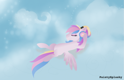 Size: 1023x663 | Tagged: safe, artist:paintysplashy, oc, oc only, oc:orient duetta wonder, cloud, cloudy, eyes closed, headphones, on back, solo